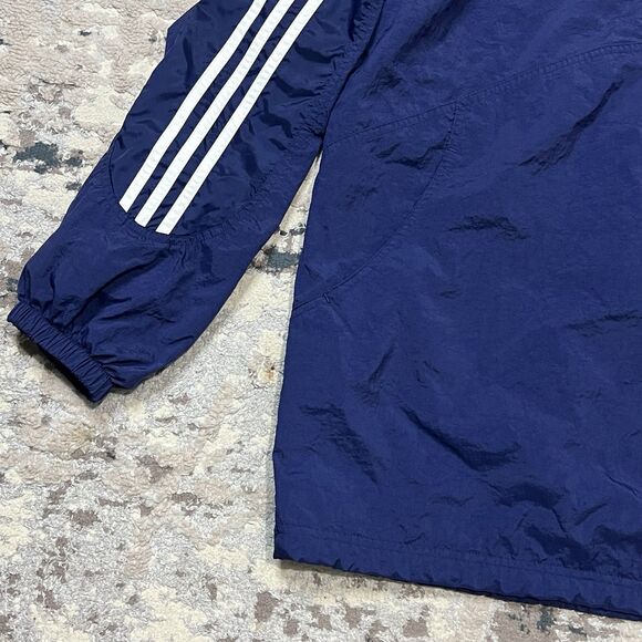 Vintage ADIDAS Pullover Men Anorak Jacket Windbreaker Navy Hood XL Stripes Lined - Picture 11 of 11